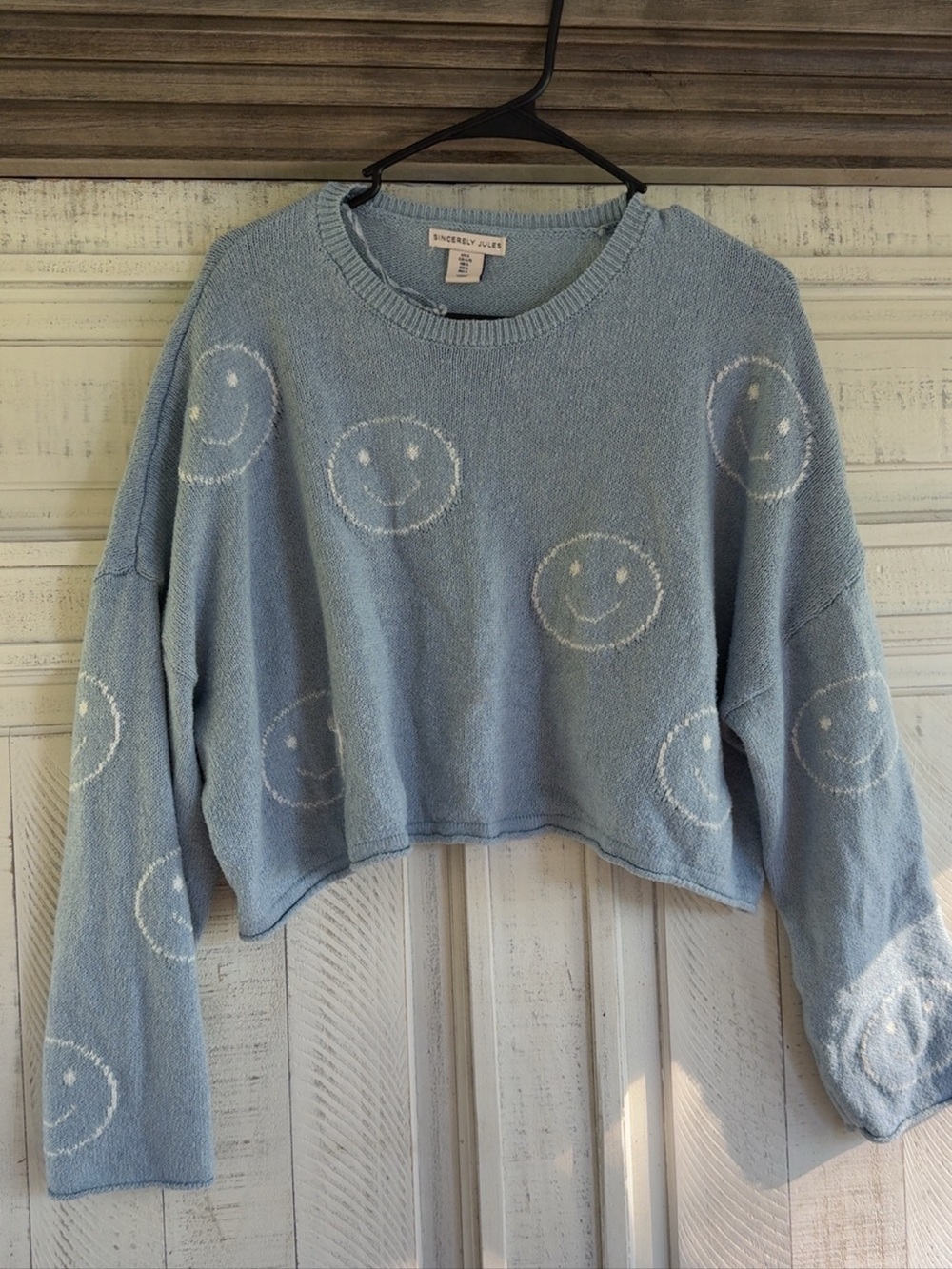 Sincerely Jules Light Blue Cropped Crewneck Sweater with White Smiley Faces